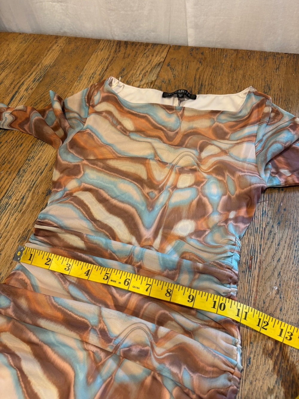 Dynamite Mesh Ruched Mini Dress – Abstract Marble Print – Brown & Blue – Size XS - Picture 8 of 11